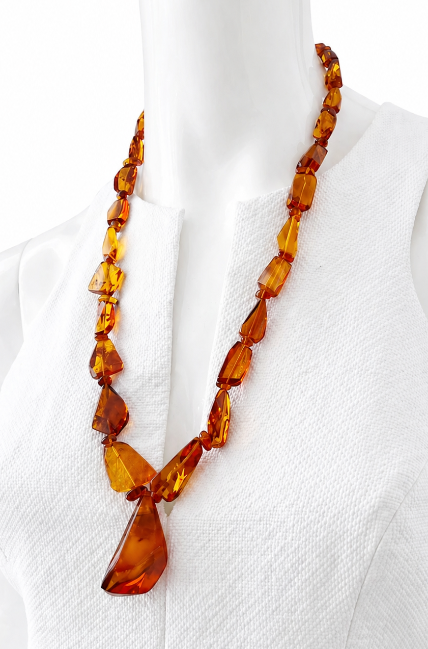 Vintage Natural Amber Necklace With Drop Pendant, Honey Cognac Beads.