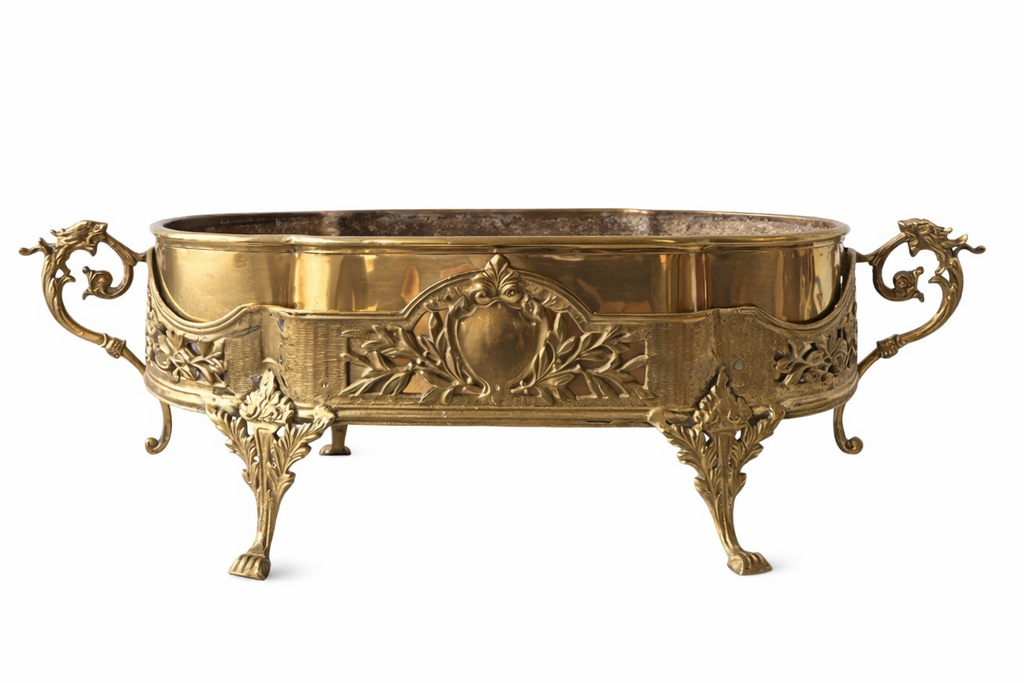 Antique French Dragon-Handle Brass Jardinière, Planter, Oval Footed Centrepiece.