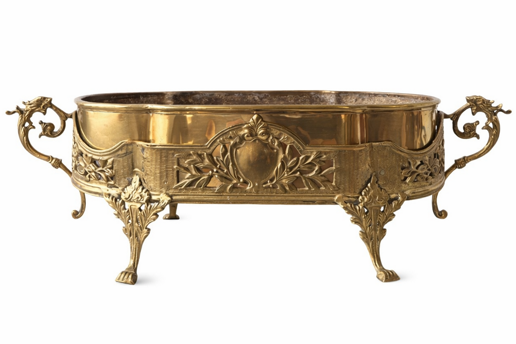 Antique French Dragon-Handle Brass Jardinière, Planter, Oval Footed Centrepiece.