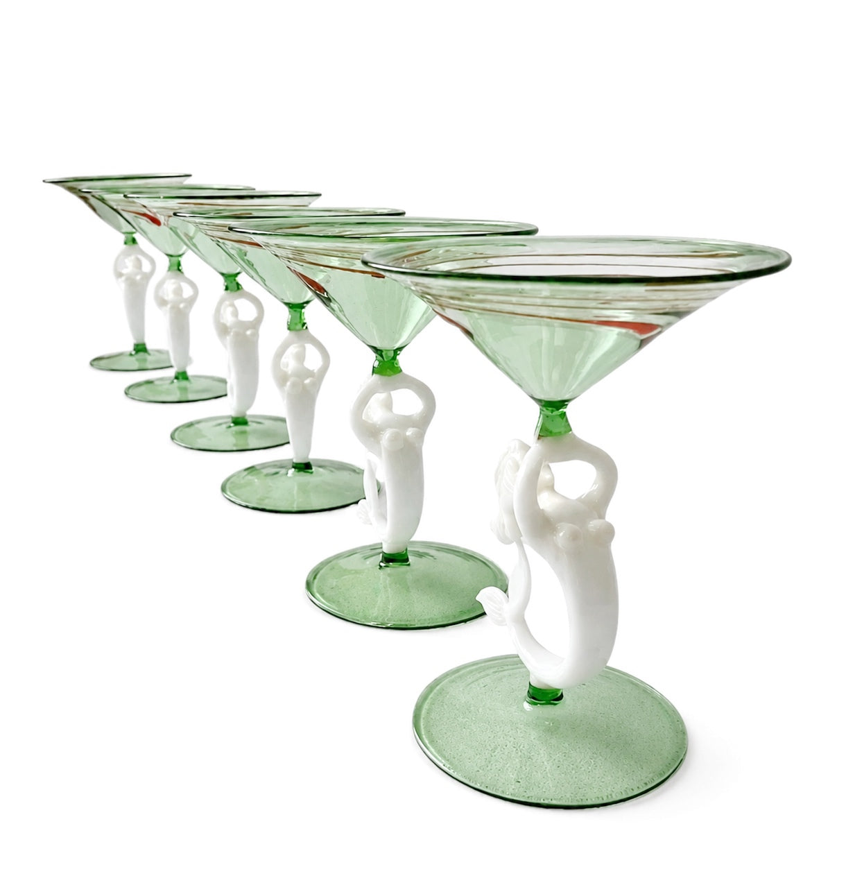 Lauscha Mermaid Glass Decanter Set, German Art Deco Green Glass Stemware, Circa 1900s