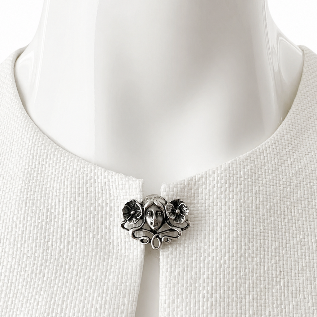 Art Nouveau Style Sterling Silver Brooch with Woman’s Face Floral Motif