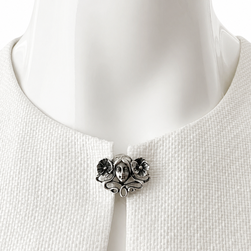 Art Nouveau Style Sterling Silver Brooch with Woman’s Face Floral Motif