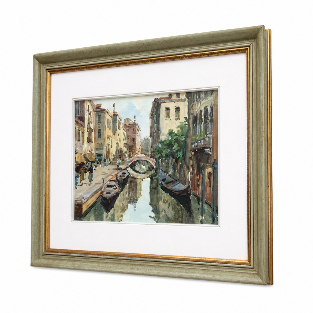 Bridda Rio S. Felice Venice Oil On Board Painting, Mid Century Venetian Canal Scene, Framed
