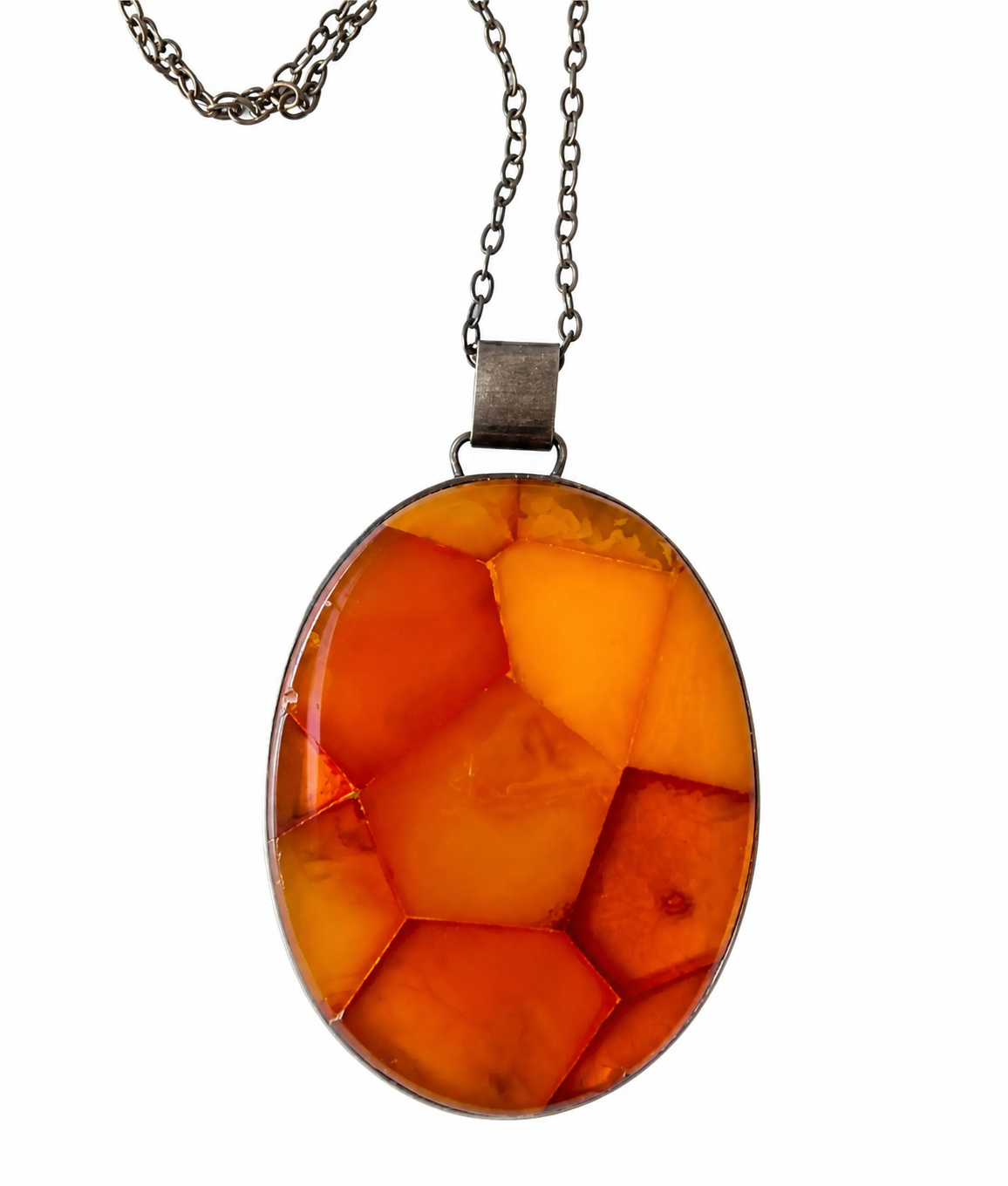 Vintage Fischland Amber Mosaic Pendant Necklace 835 Silver Mid Century Germany