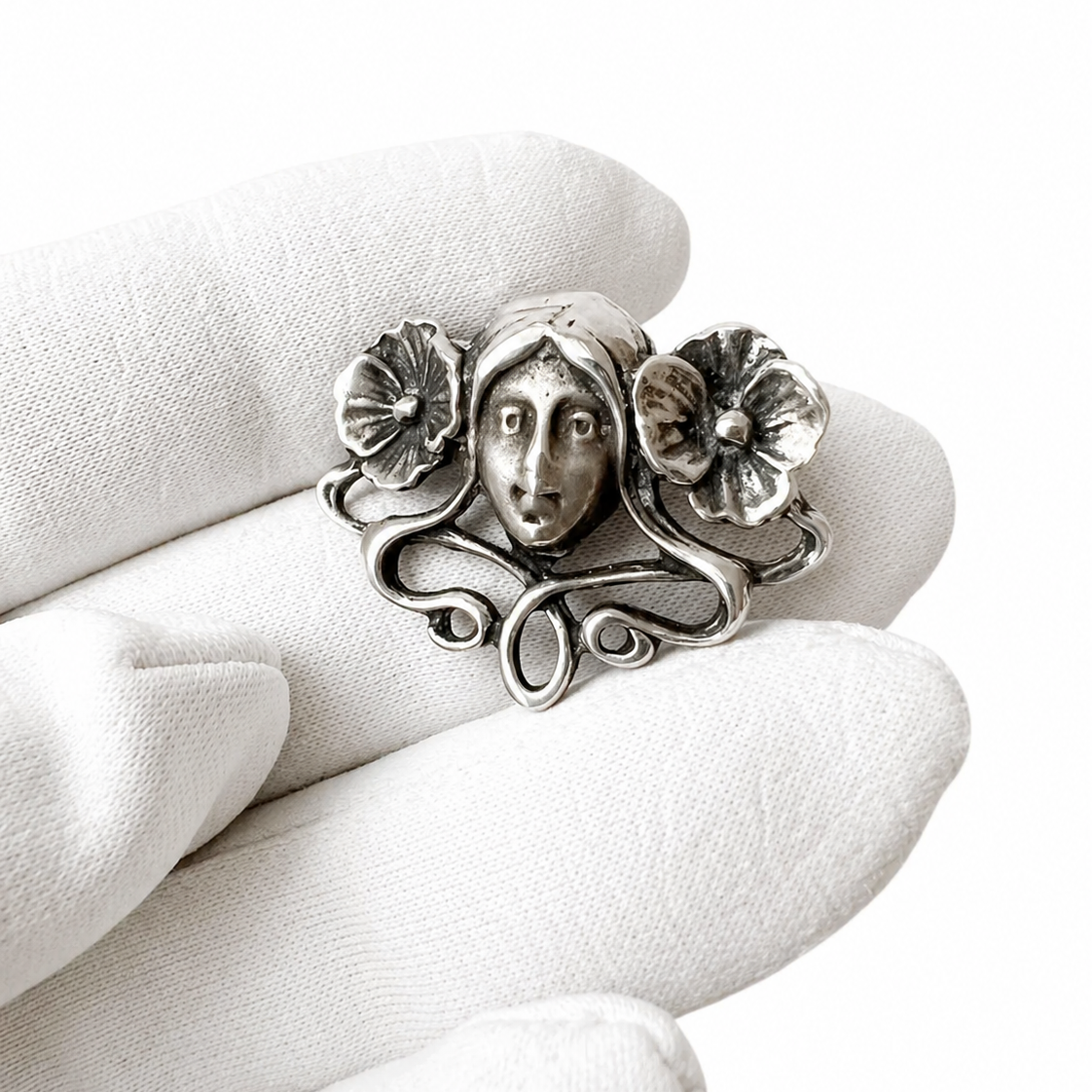 Art Nouveau Style Sterling Silver Brooch with Woman’s Face Floral Motif