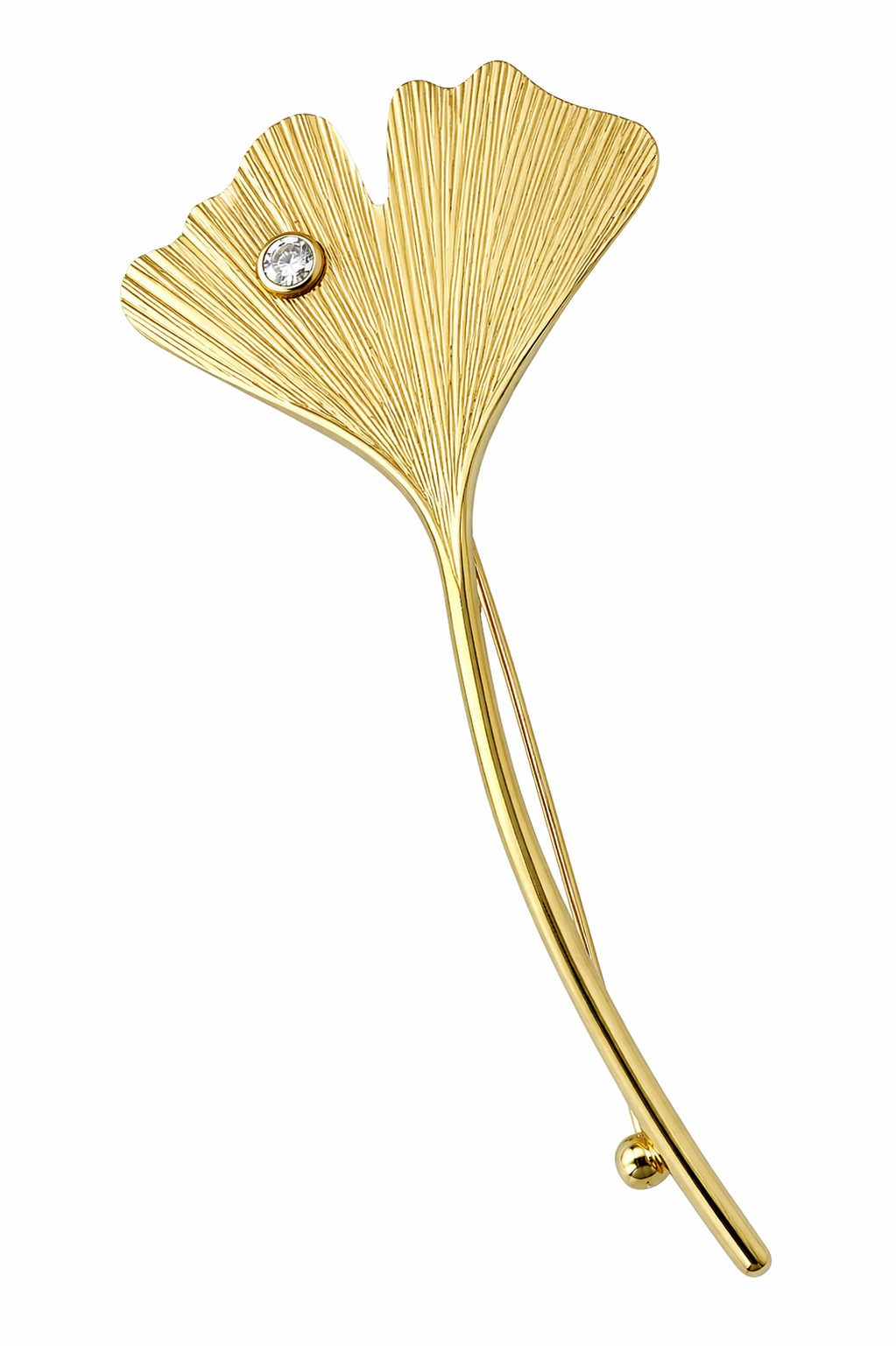 Vintage 9ct Gold Ginkgo Leaf Brooch, 375 Pin with Cubic Zirconia