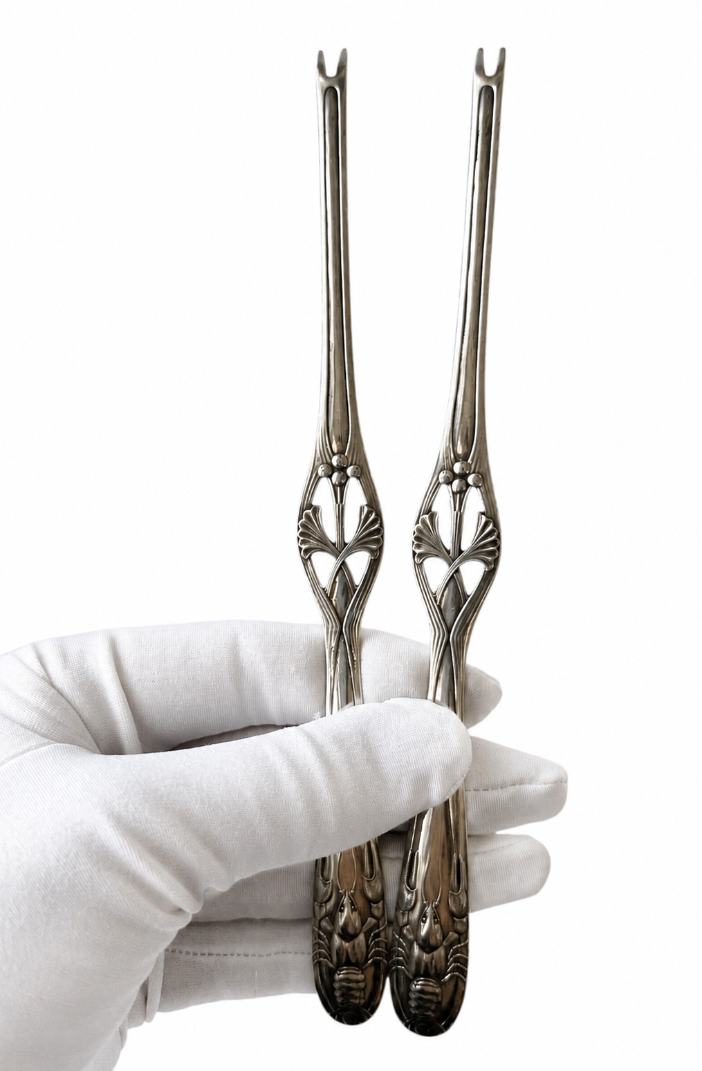 Antique WMF Silver Plated Lobster Picks Pair, Art Nouveau Jugendstil Seafood Forks c1900
