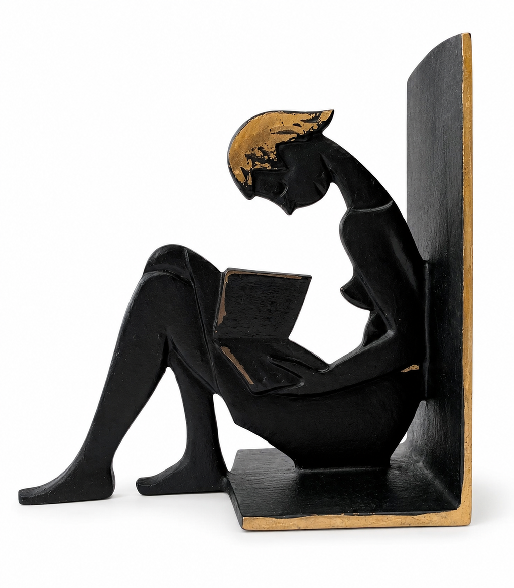 Vintage 1950s Brass Reading Girl Bookends, Black And Gold Mid Century Bookends
