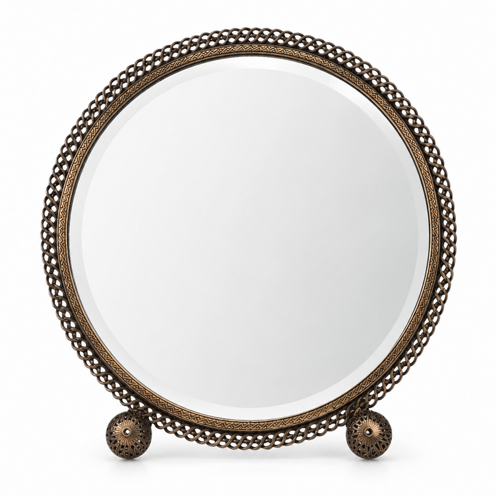 Vintage Brass Vanity Set With Glass Tray And Round Beveled Dressing Table Mirror