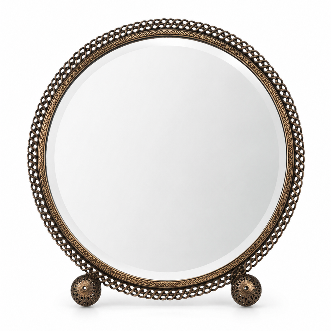 Vintage Brass Vanity Set With Glass Tray And Round Beveled Dressing Table Mirror
