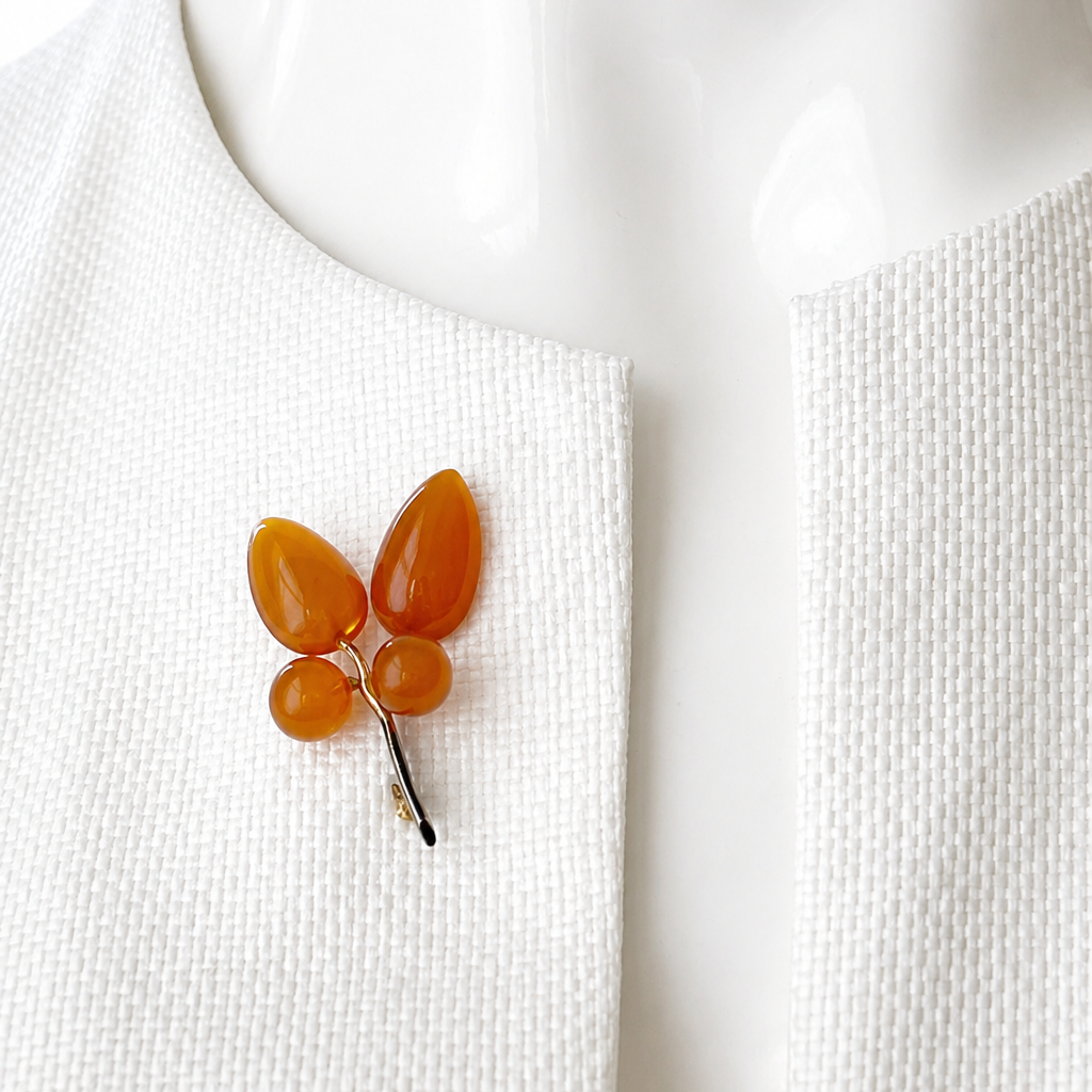 Vintage Leaves Brooch. Silver and  Baltic Amber