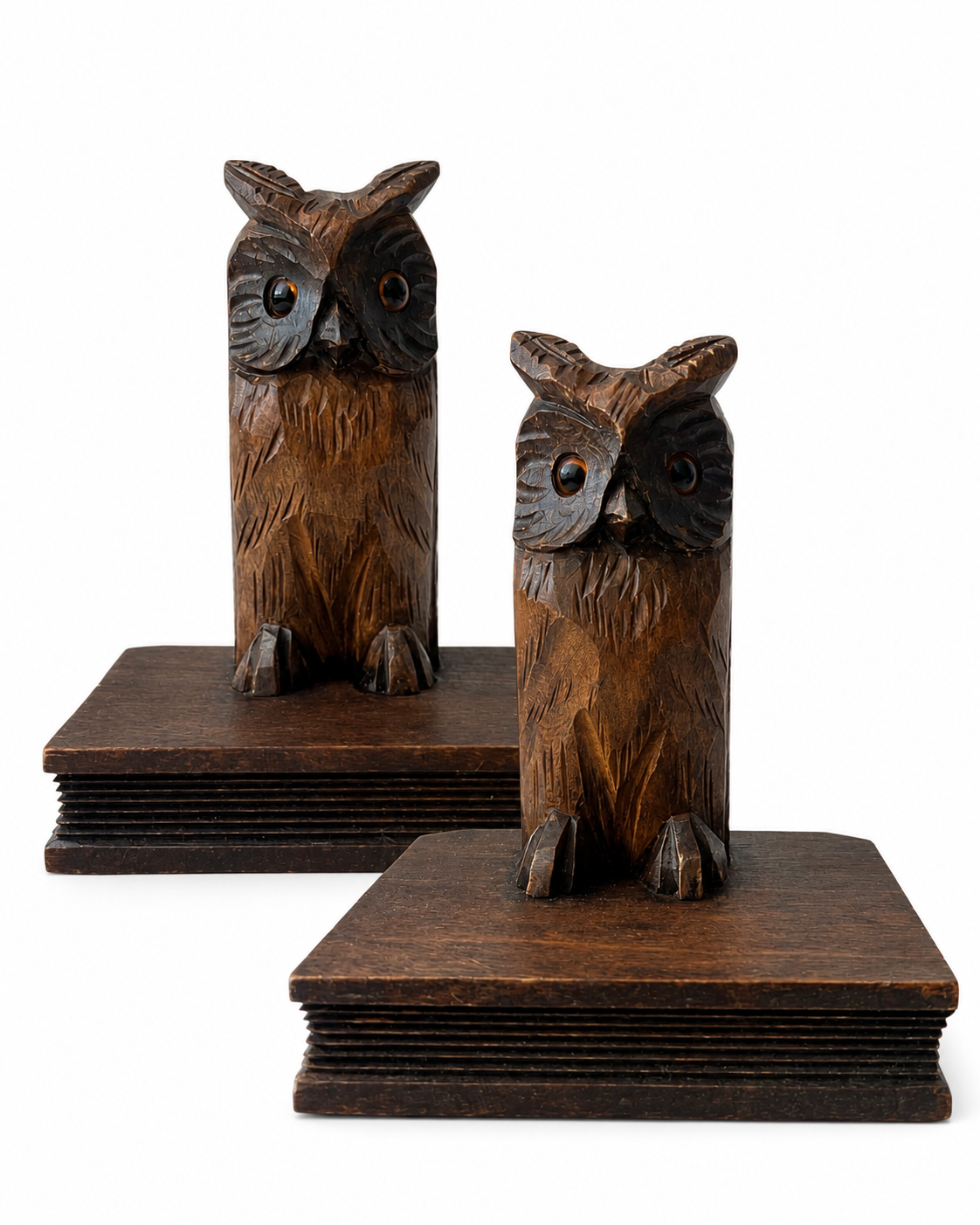 Vintage Hand-Carved Owl Bookends, 1960s–1970s Wooden Bookends