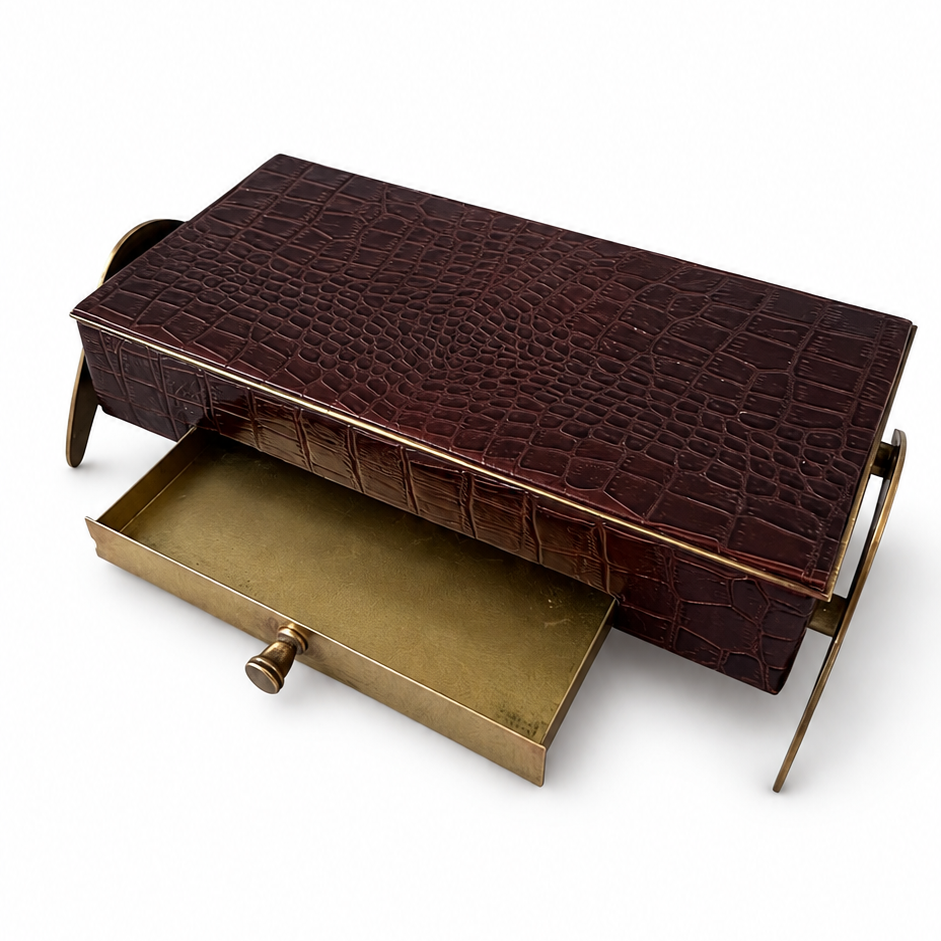 Vintage Brass and Wood Desk Box, Crocodile Effect Storage Box