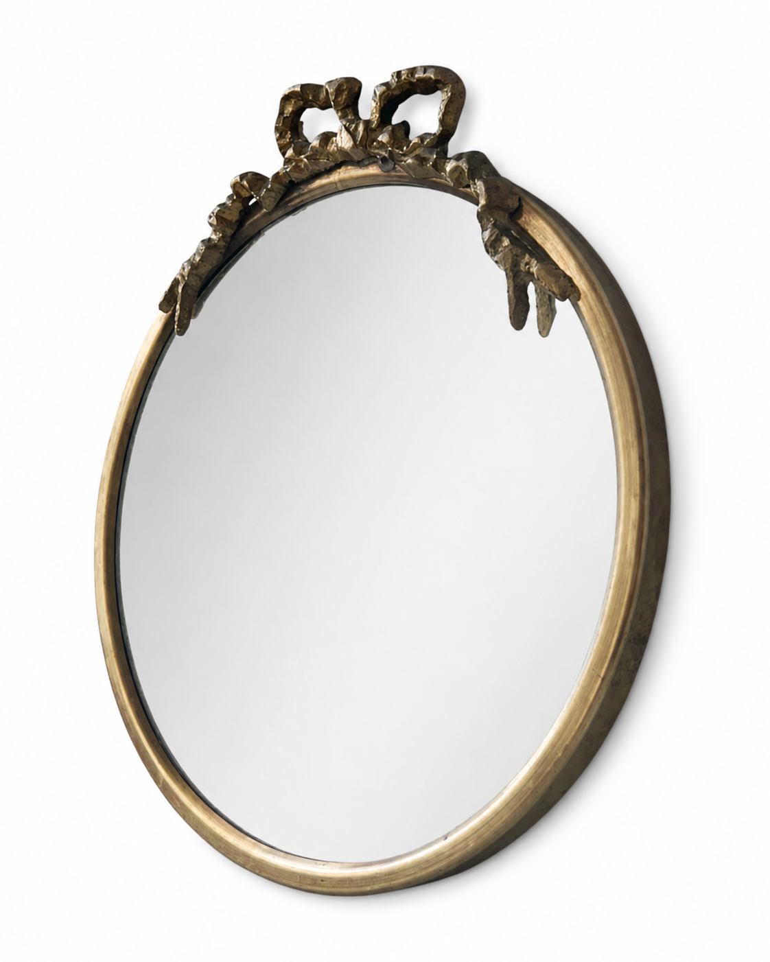 Vintage Round Brass Wall Mirror With Ribbon Bow Crest, French Regency Style