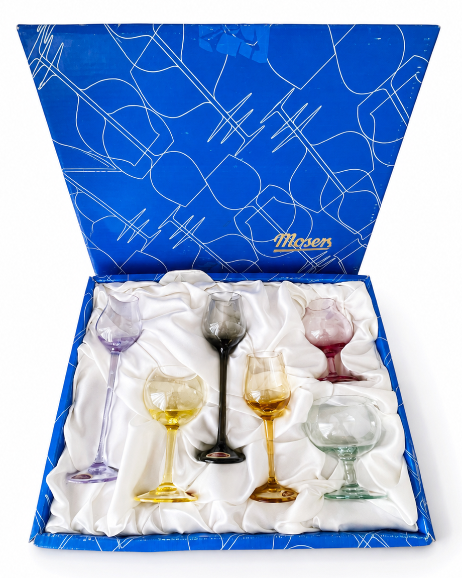 Moser Coloured Crystal Miniature Liqueur Glass Set of 6, Boxed Czech Glass, Hand Made Czechoslovakia Lead Free, Original Moser Box