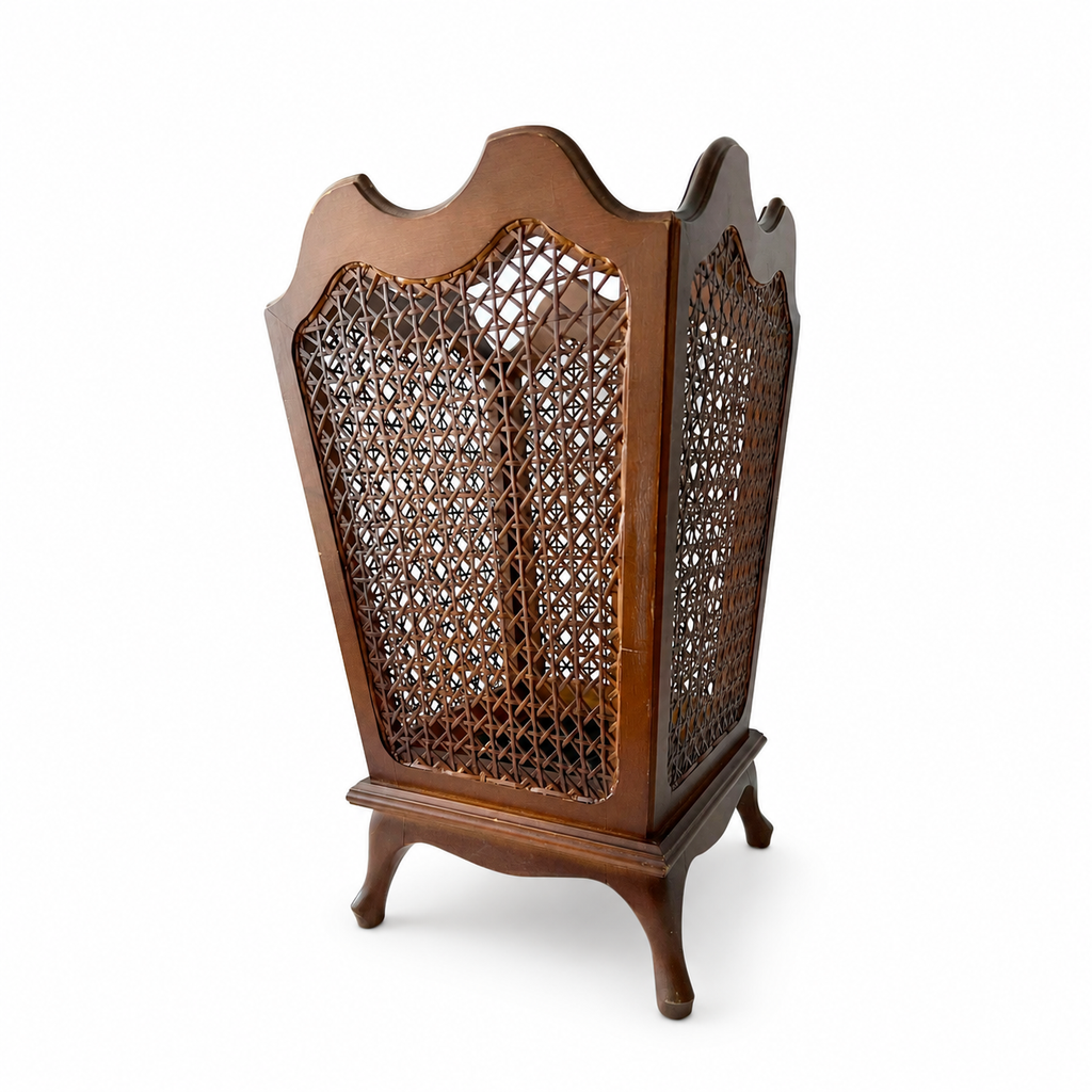 Vintage German Rattan Waste Paper Bin, 1950s Wooden Chippendale Leg Cane Basket