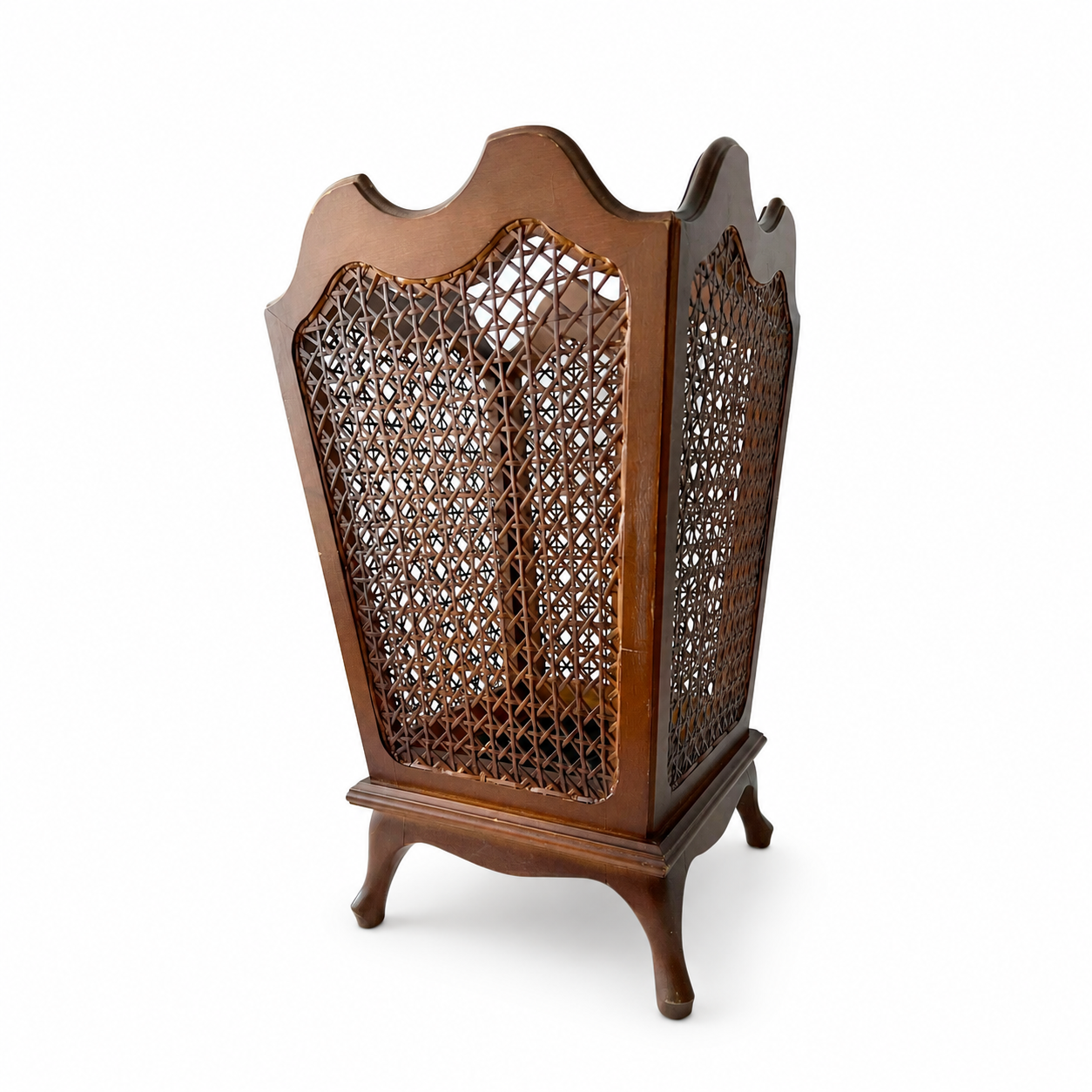 Vintage German Rattan Waste Paper Bin, 1950s Wooden Chippendale Leg Cane Basket