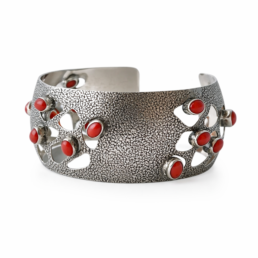 Vintage Silver Wide Cuff Bracelet With Mediterranean Coral.