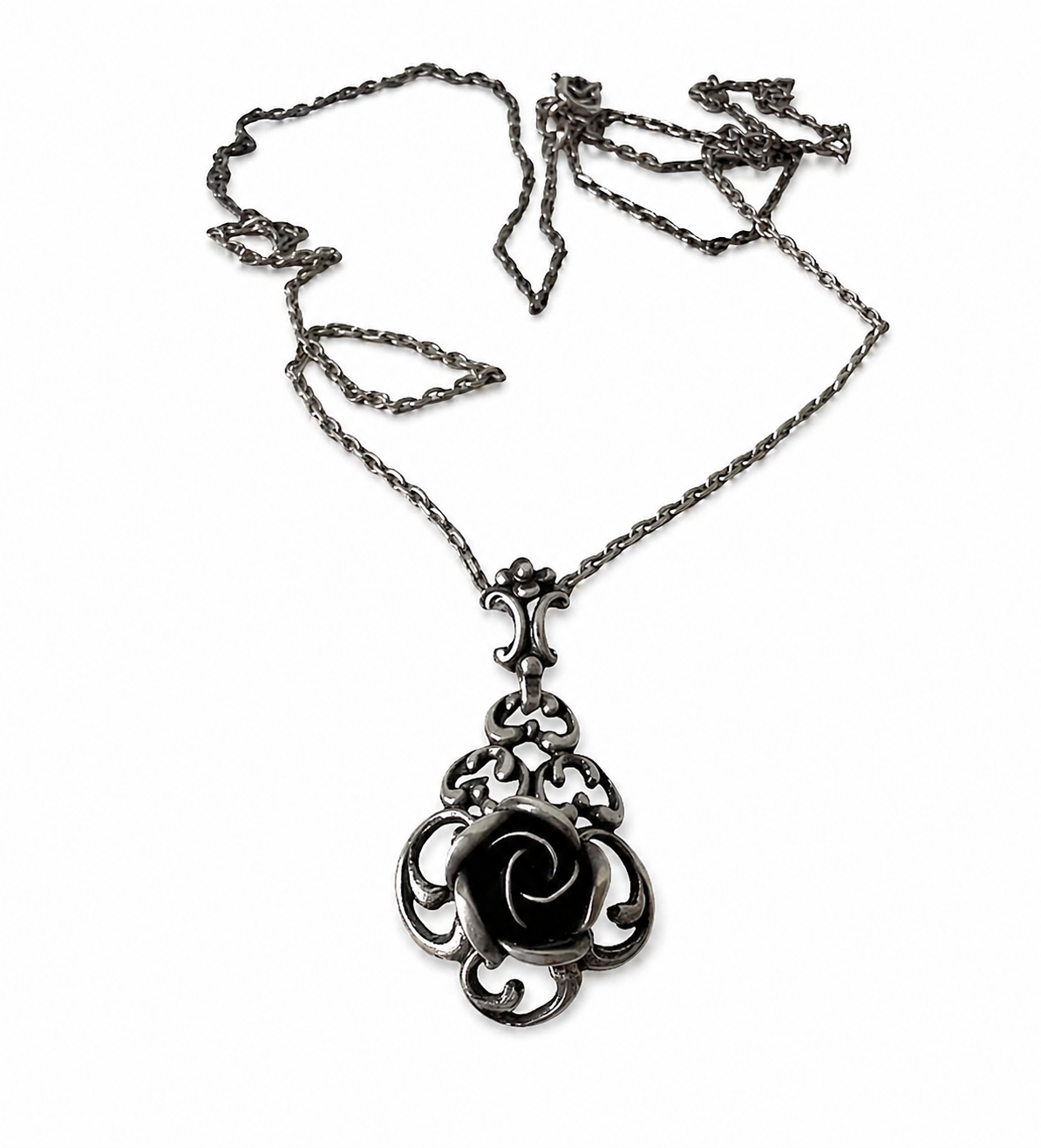 Vintage TEKA Sterling Silver Rose Pendant Necklace, Theodor Klotz German Floral Necklace