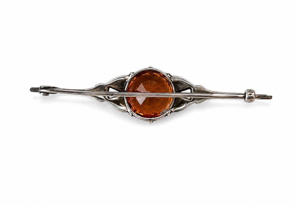 Art Deco Bar Brooch Orange Stone Silver Filigree 1920s Vintage Pin