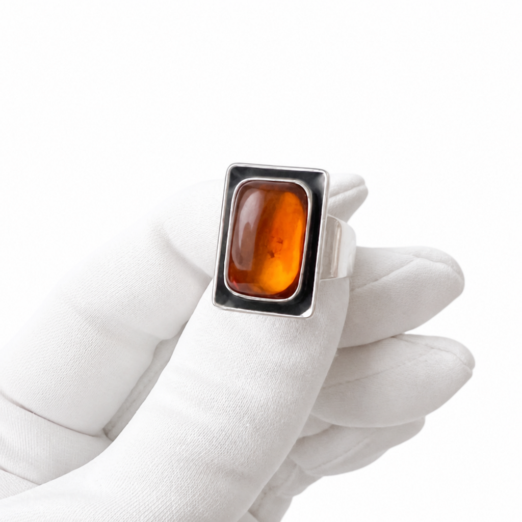 Vintage Baltic Amber Ring, Sterling Silver, Danish Modernist, Niels Erik From. UK size: M