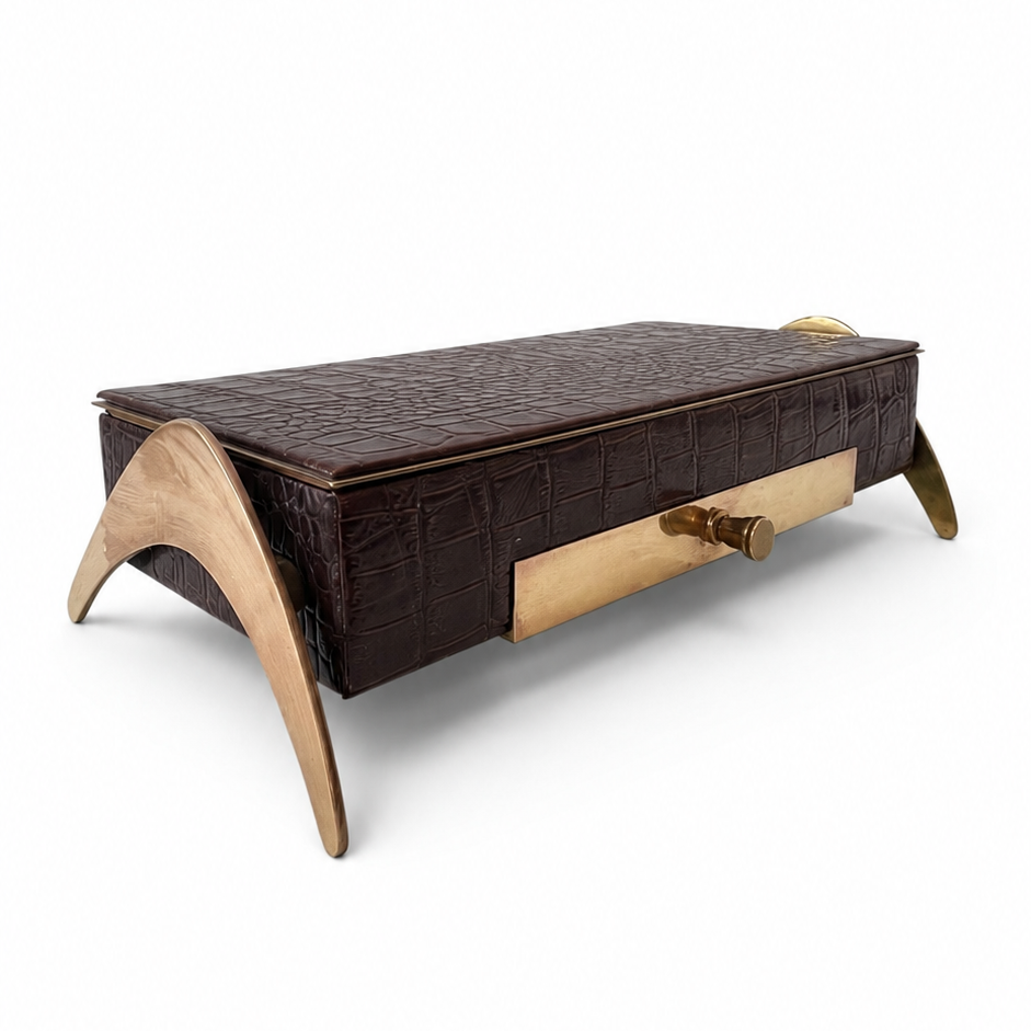 Vintage Brass and Wood Desk Box, Crocodile Effect Storage Box