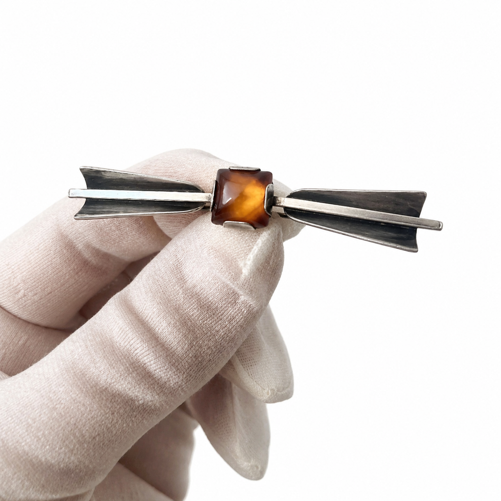 Vintage Silver Amber Bar Brooch Scandinavian Modernist Bow Pin