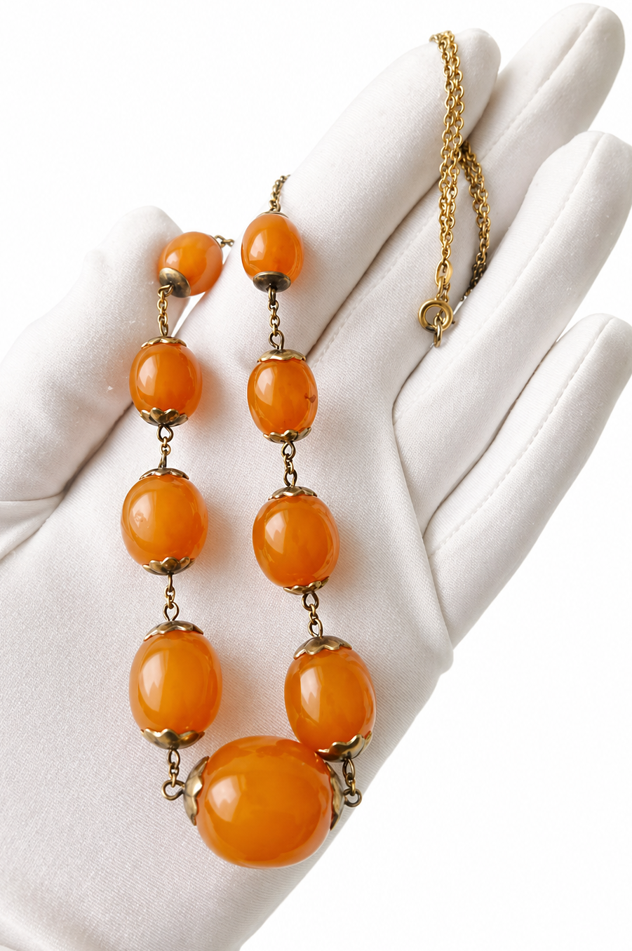 Vintage Soviet Amber Necklace, 875 Silver Gold-Plated Chain, 1950s USSR Jewelry