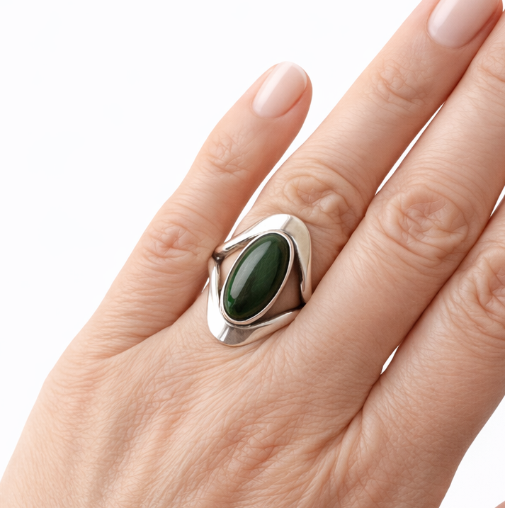 Niels Erik From Malachite Ring Scandinavian Style Danish Sterling Silver 925 Modernist. Adjustable