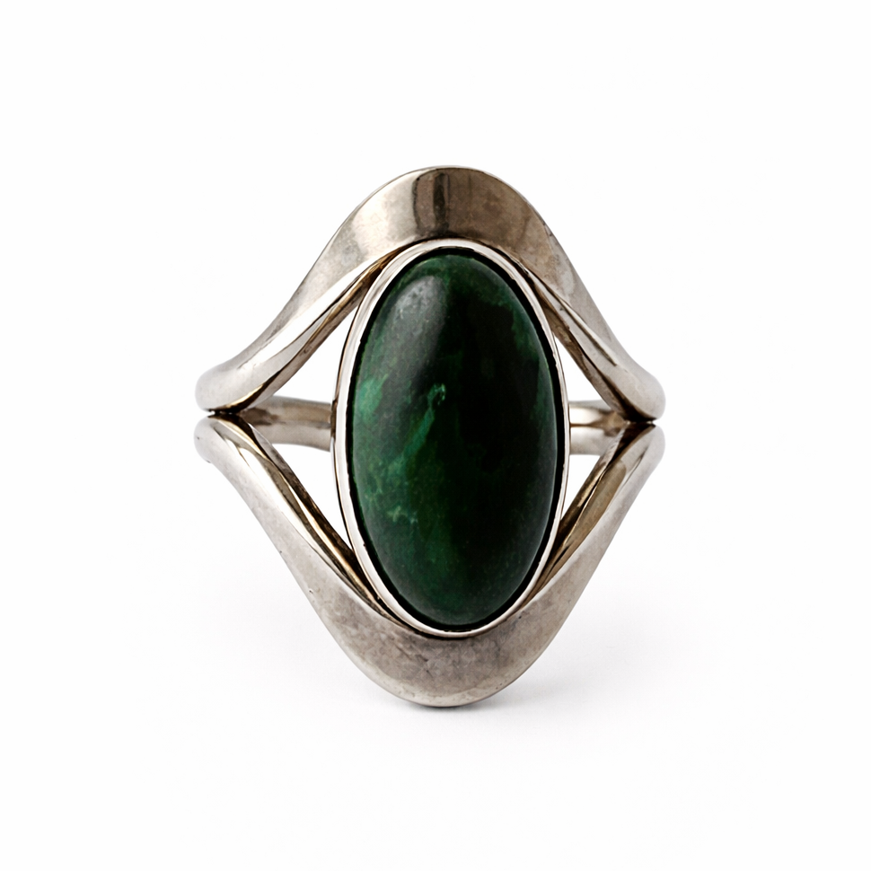 Niels Erik From Malachite Ring Scandinavian Style Danish Sterling Silver 925 Modernist. Adjustable