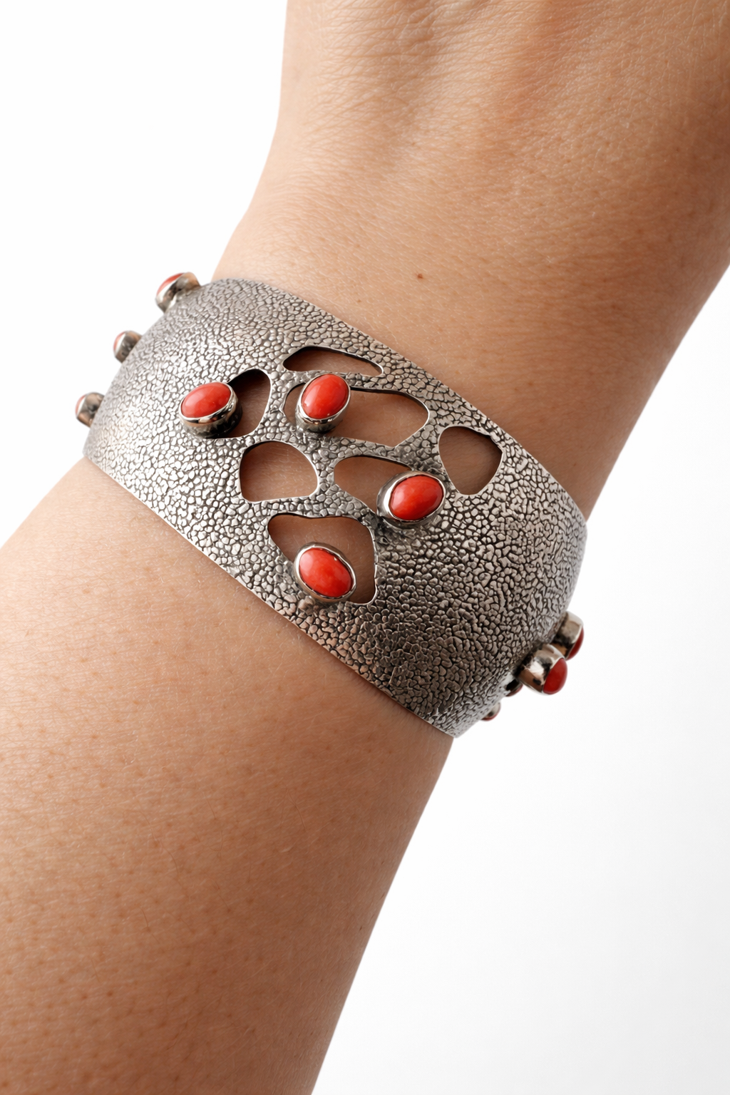 Vintage Silver Wide Cuff Bracelet With Mediterranean Coral.
