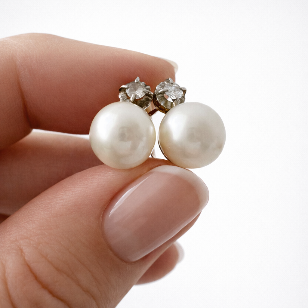 Vintage 18k Yellow Gold Faux Pearl & White Quartz Latch-Back Earrings.