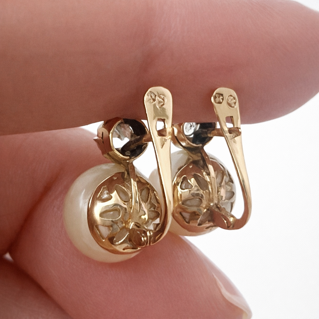 Vintage 18k Yellow Gold Faux Pearl & White Quartz Latch-Back Earrings.