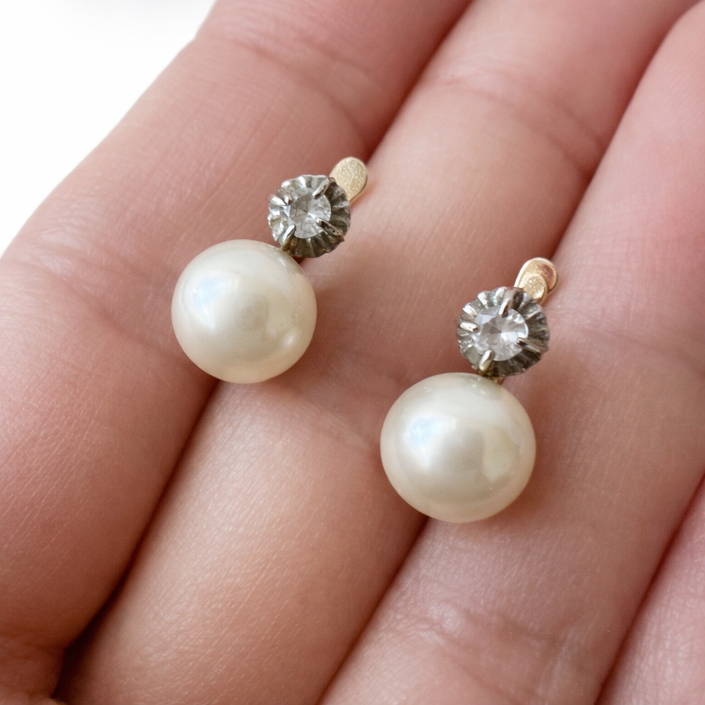 Vintage 18k Yellow Gold Faux Pearl & White Quartz Latch-Back Earrings.