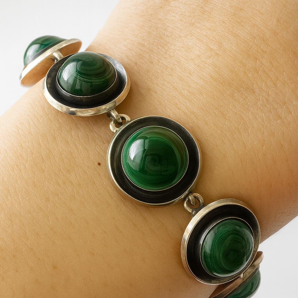 Vintage Malachite Bracelet, Sterling Silver, Danish Modernist, Niels Erik From