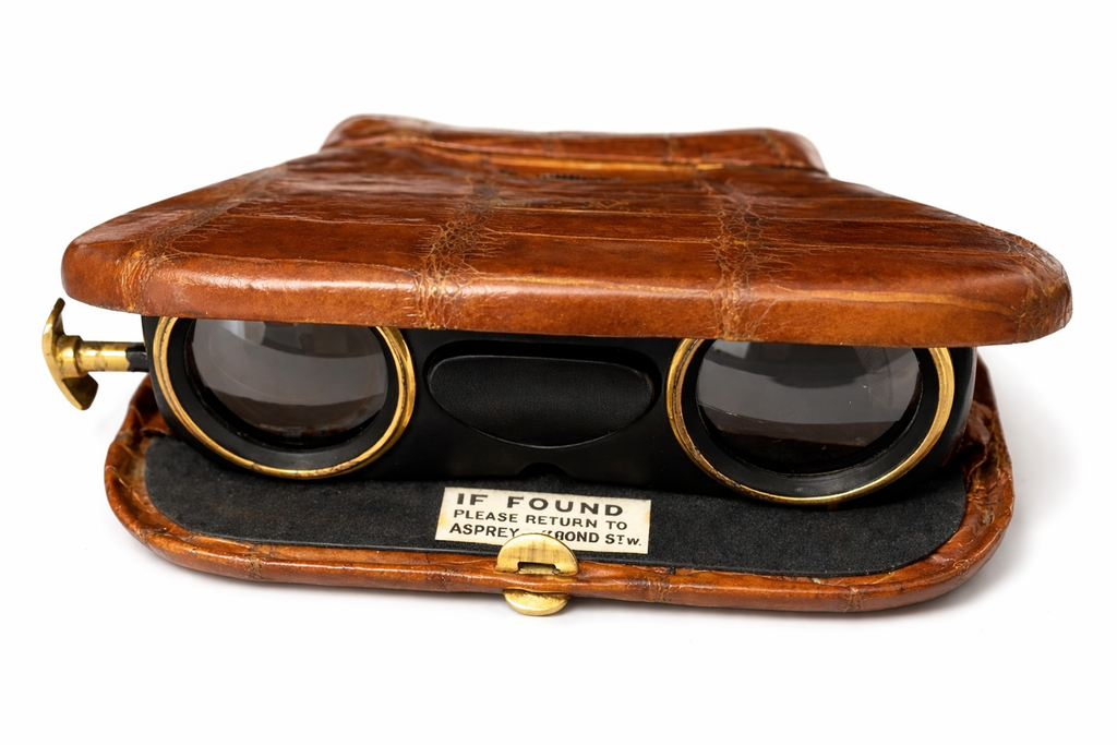Asprey London Folding Opera Glasses with Leather Cover Gilt Binoculars