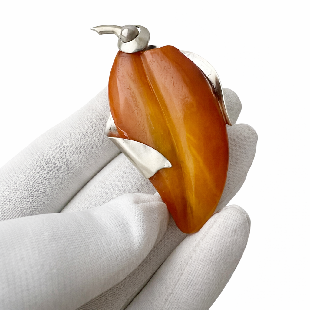 SBM Königsberg Baltic Amber Brooch, 935 Silver Modernist Pin, Staatliche Bernstein-Manufaktur