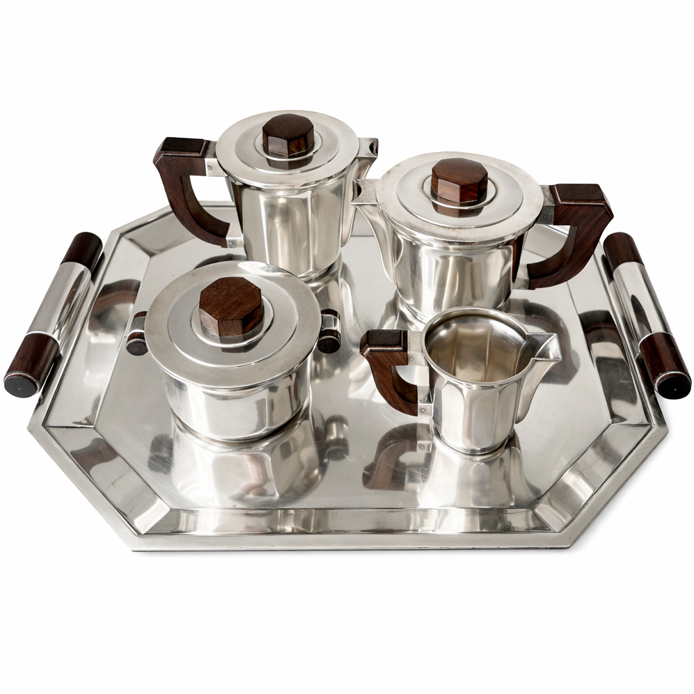 Christofle Art Deco Tea & Coffee Service – Luc Lanel c.1936 Silver Plate and Rosewood