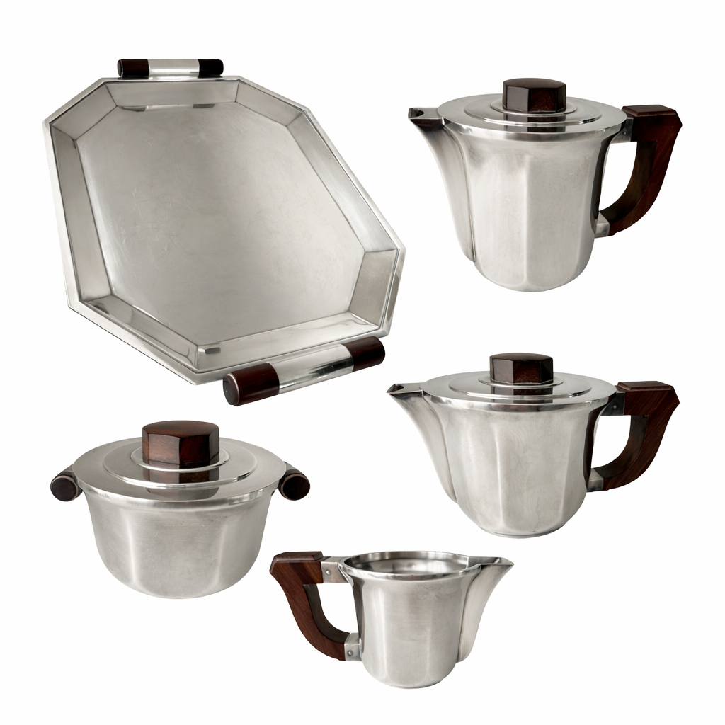 Christofle Art Deco Tea & Coffee Service – Luc Lanel c.1936 Silver Plate and Rosewood