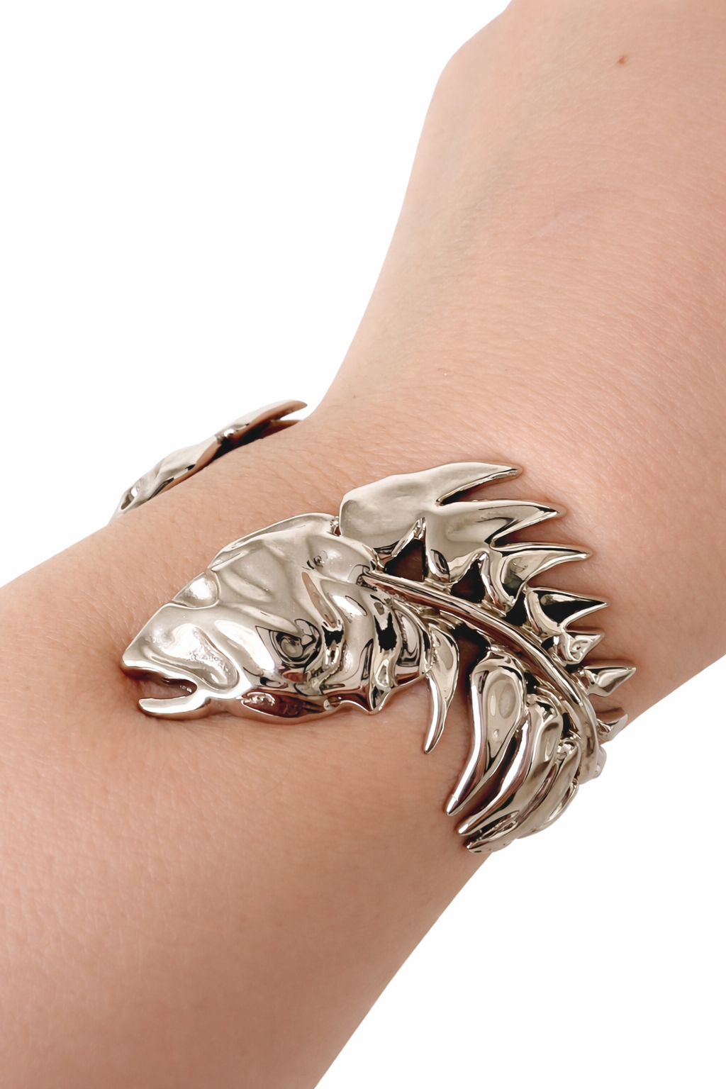 Burberry Palladium Plated Fish Bone Cuff Bracelet – Sculptural Metallic Statement Bangle