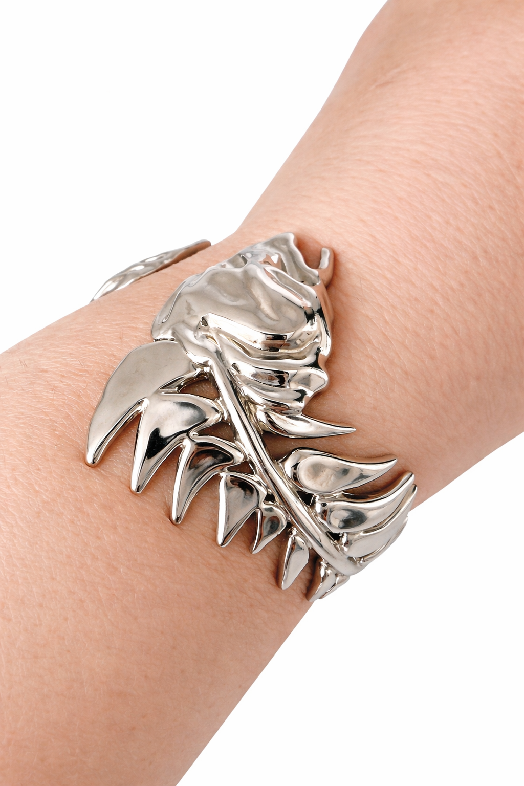 Burberry Palladium Plated Fish Bone Cuff Bracelet – Sculptural Metallic Statement Bangle