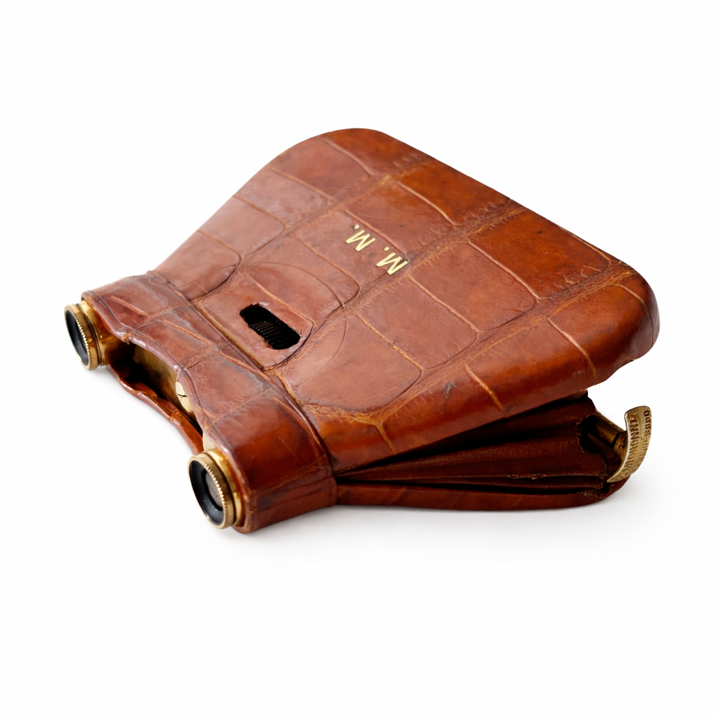 Asprey London Folding Opera Glasses with Leather Cover Gilt Binoculars