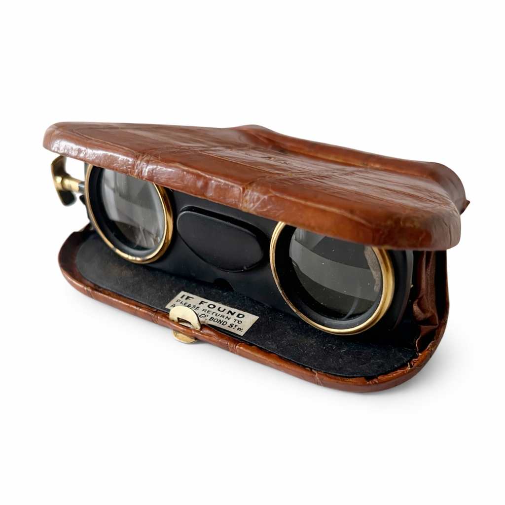 Asprey London Folding Opera Glasses with Leather Cover Gilt Binoculars