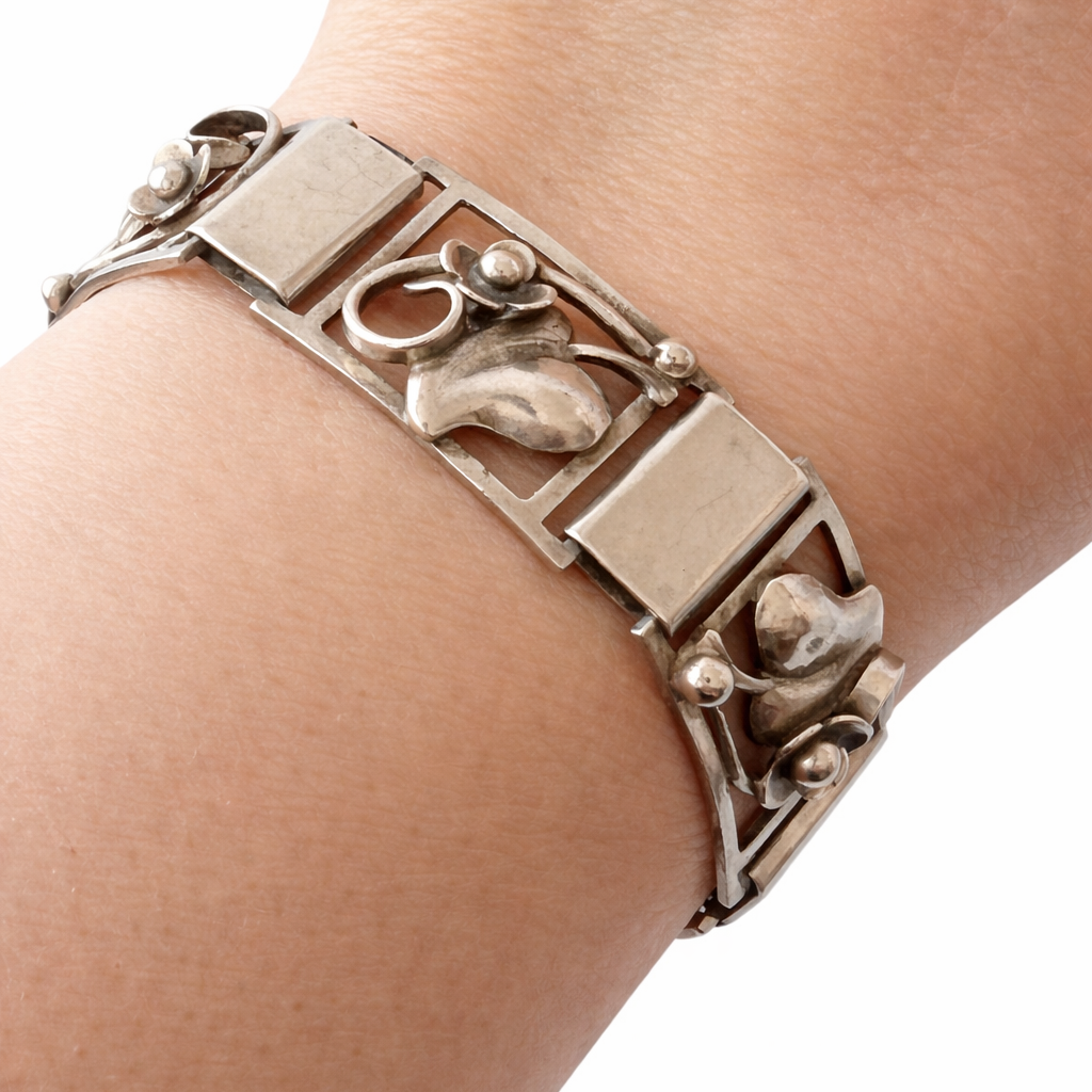 Vintage Danish 830 Silver Floral Panel Bracelet Grenol Eneret Art Deco Scandinavian Jewellery