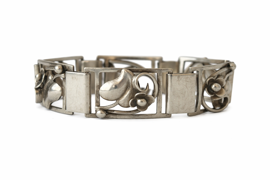 Vintage Danish 830 Silver Floral Panel Bracelet Grenol Eneret Art Deco Scandinavian Jewellery