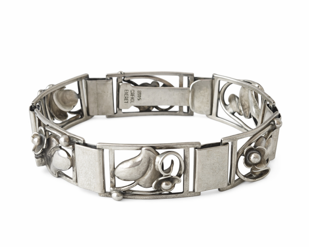 Vintage Danish 830 Silver Floral Panel Bracelet Grenol Eneret Art Deco Scandinavian Jewellery