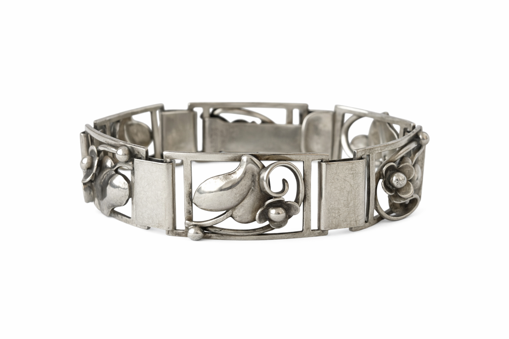 Vintage Danish 830 Silver Floral Panel Bracelet Grenol Eneret Art Deco Scandinavian Jewellery