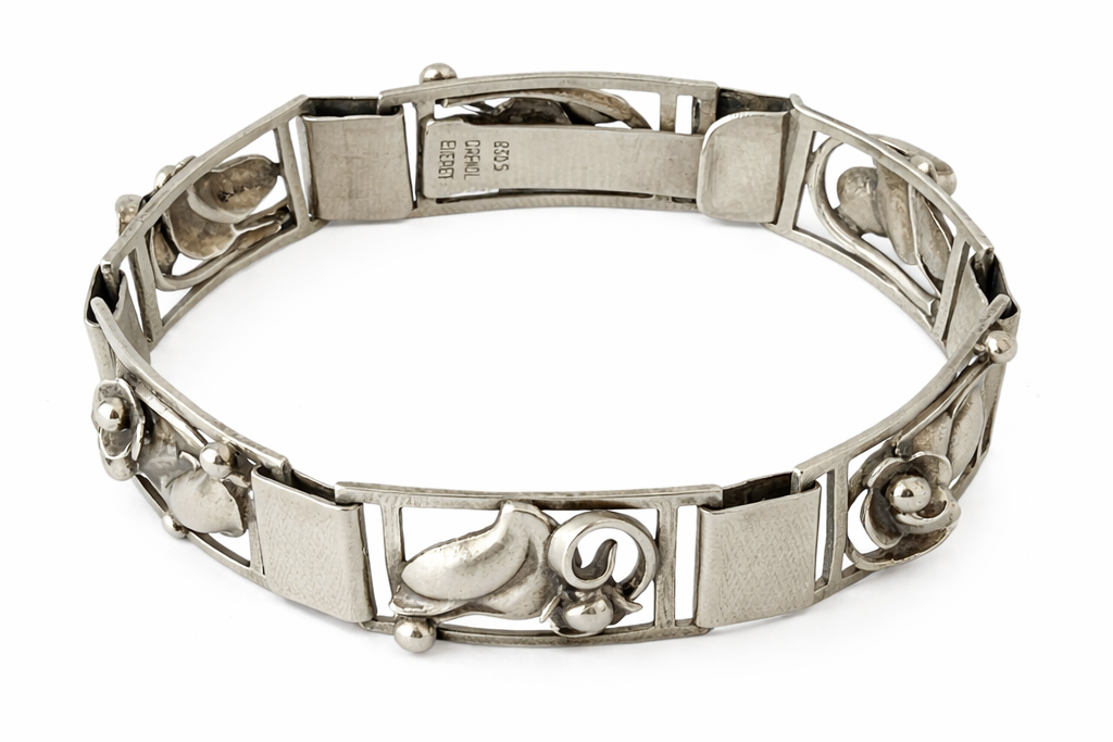Vintage Danish 830 Silver Floral Panel Bracelet Grenol Eneret Art Deco Scandinavian Jewellery