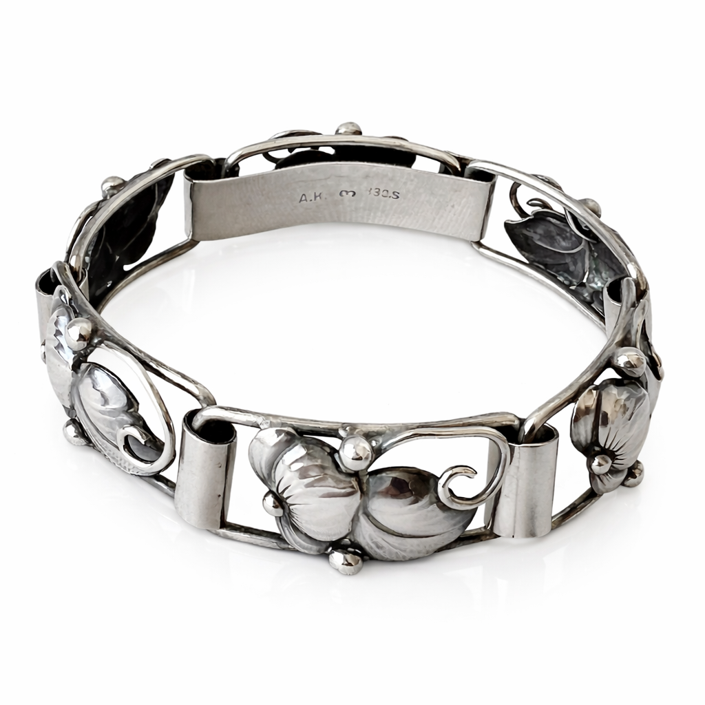 A Klokker Danish 830 Silver Floral Panel Bracelet Art Deco Scandinavian Jewellery