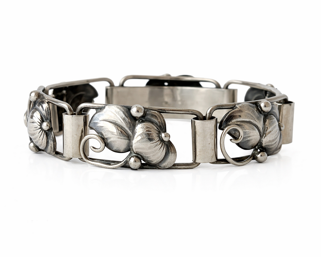 A Klokker Danish 830 Silver Floral Panel Bracelet Art Deco Scandinavian Jewellery